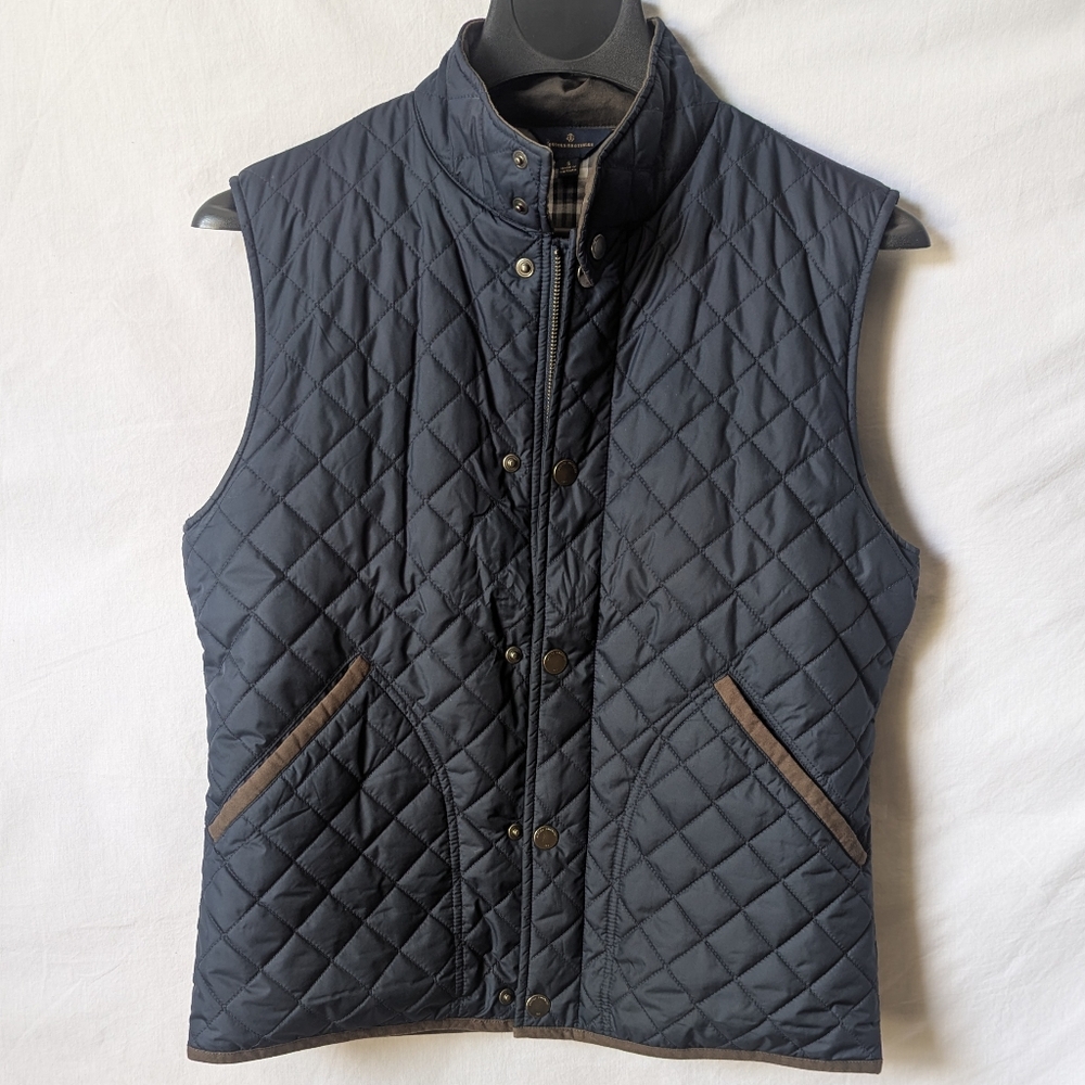 Brooks Brothers Quilted Navy Vest with Brown Trim